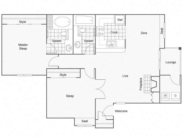 Floor plan for 2 beds, 2 baths, 1036 sqft